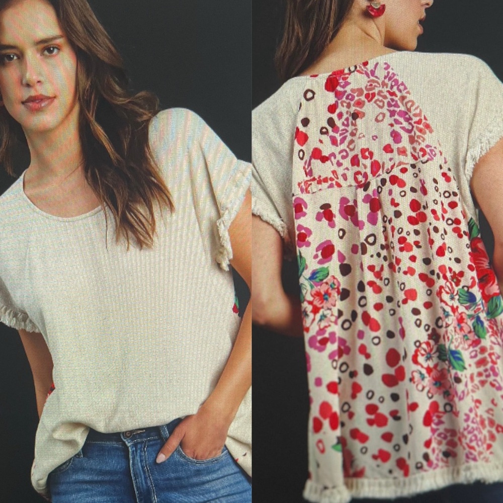 Umgee Linen Blend Floral Fringed Top Sz XL